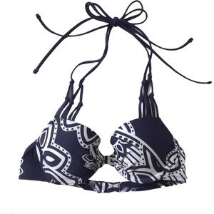 Aerie Bikini Swim Top Size 32B Strappy Navy Blue & White Padded & Lined